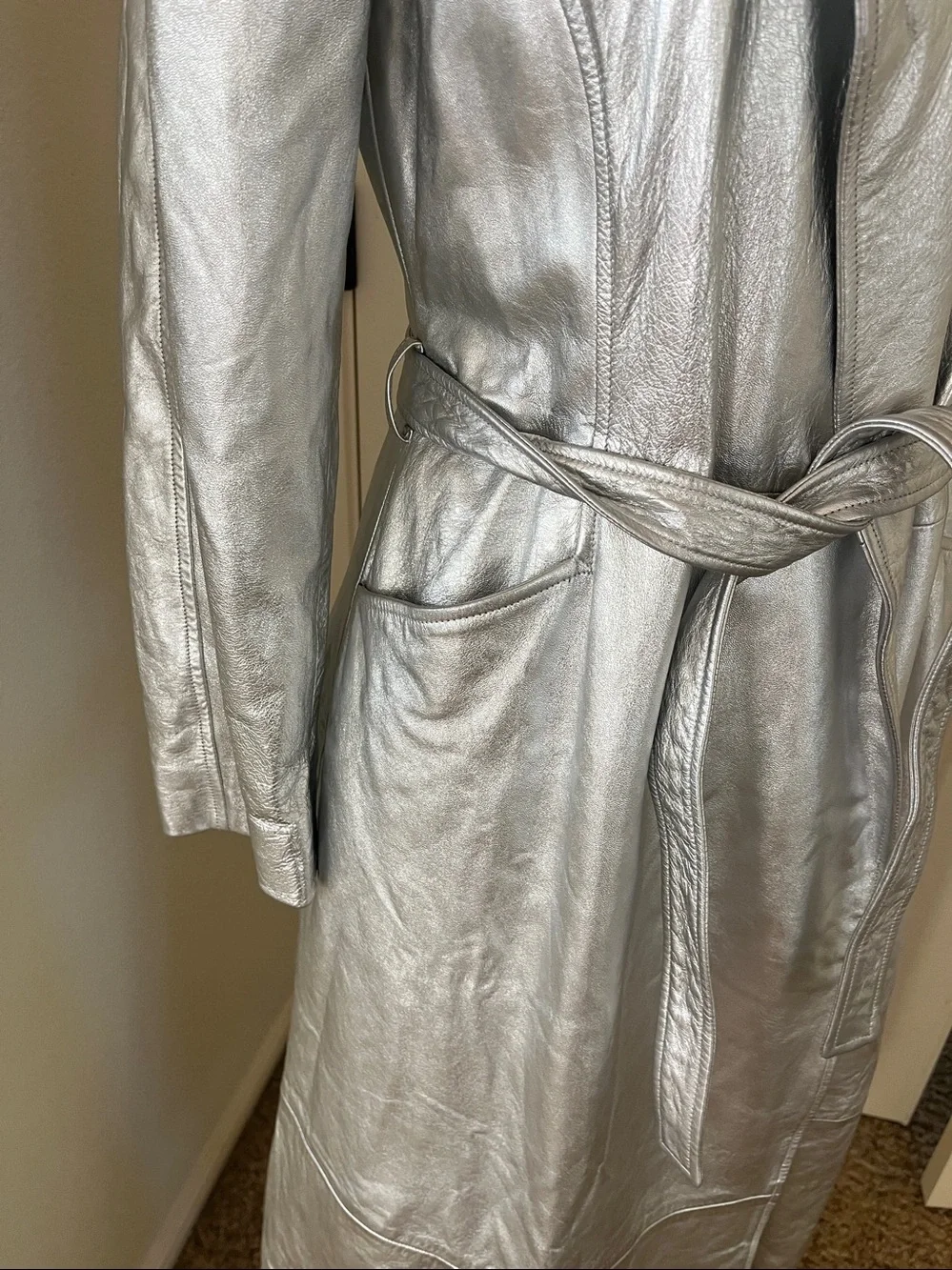 Michael Kors Silver Metallic Leather trench coat.  Size 8
